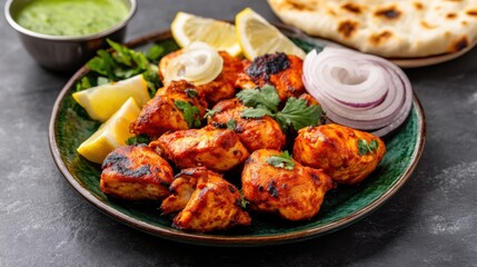 Fototapeta premium A vibrant plate of chicken tikka with marinated and grilled chicken pieces, served with mint chutney and lemon wedges, Chicken tikka centered