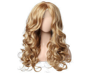 Fototapeta premium Elegant and glamorous curly blonde hair wig, isolated design on white, front view.