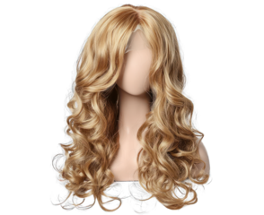 Elegant and glamorous curly blonde hair wig, isolated design on white, front view.