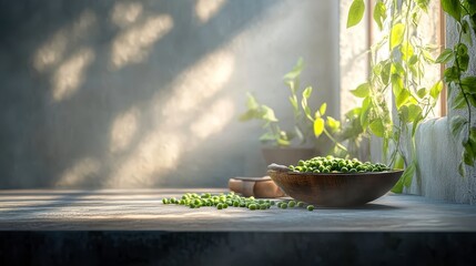Fresh Green Peas in a Bowl on a Sunlit Table Surrounded by Natural Elements and Soft Light Filtering Through a Window