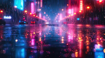 Fototapeta premium A vibrant, rain-soaked street scene illuminated by colorful neon lights, creating a reflective and atmospheric urban environment.