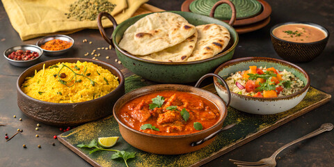 Also included are naan bread, roti, and garnishes like fresh cilantro, lime wedges, and pickles.