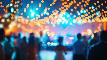 A lively wedding reception with a DJ, dancing guests, and colorful lights illuminating the dance floor.