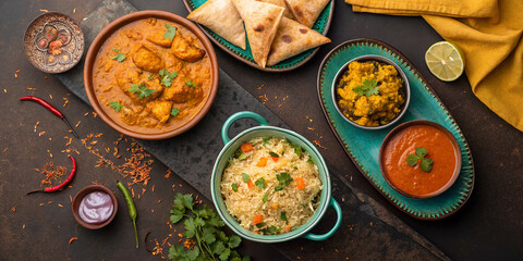Also included are naan bread, roti, and garnishes like fresh cilantro, lime wedges, and pickles.