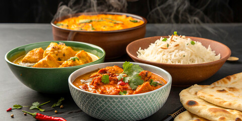 The rich, colorful presentation highlights the depth and diversity of Indian cuisine, with each dish artfully arranged in beautiful bowls and plates, inviting viewers to savor the visual and culinary.