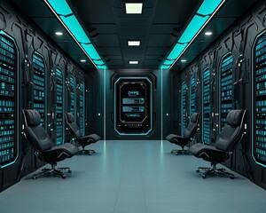 A futuristic data center featuring sleek design, illuminated panels, and ergonomic chairs, emphasizing technology and modernity.