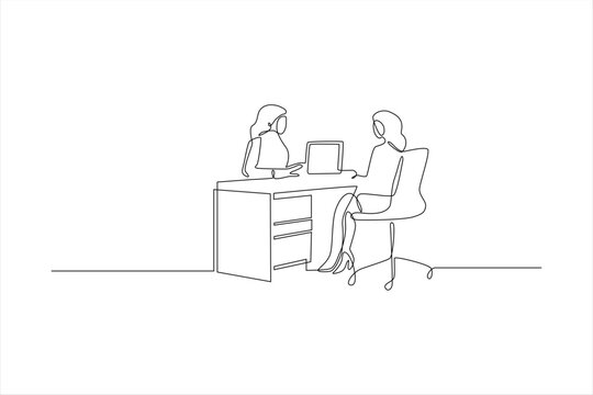recommend clip art: One line drawing of two women having a meeting at a desk with a laptop.