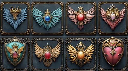 A cartoon-style set of gold buttons adorned with crowns and wings has medieval decorative borders in vibrant hues