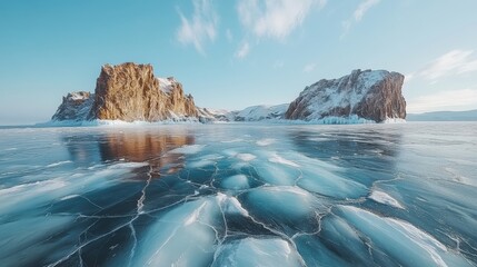 A serene frozen landscape with icy formations and rocky cliffs under a clear blue sky.