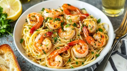 A vibrant plate of shrimp scampi with garlic, lemon, and parsley