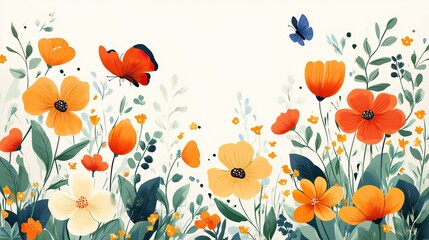 A cheerful, cartoon-style Hello June graphic with spring flowers, butterflies, and leaves on a white background