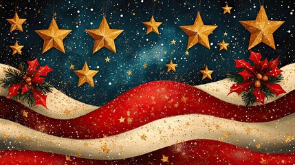 A Christmas-themed background with stars, ribbons, and bold Merry Christmas text in reds, whites, and golds