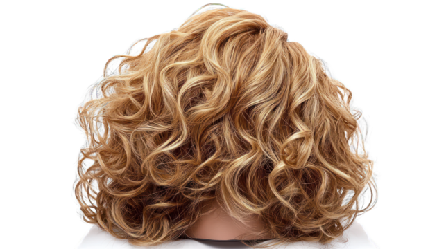 Curly blonde wig, sophisticated and trendy, isolated as a women's hairdesign on white.
