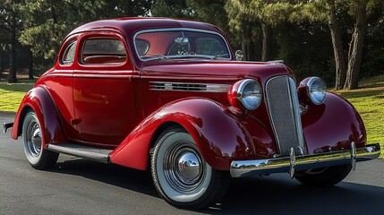 A classic American car is parked, highlighting its vintage design and style