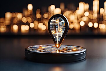 A stylized location marker stands on a circular base, illuminated by soft lights, suggesting themes of navigation and technology.