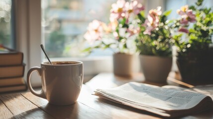 Fototapeta premium A peaceful Sunday morning scene with someone sipping coffee and reading the newspaper at home.