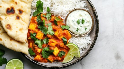 A vibrant plate of vegetable curry served with fragrant basmati rice and naan bread, Vegetable curry arranged beautifully with cilantro leaves for garnish, Lime wedges on the side
