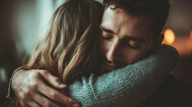 A person comforting a friend with a gentle hug, conveying empathy and support in a somber setting.