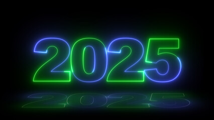 Neon glittering 2025 text on reflection festive background, Christmas and new year celebration. Text new year 2025 blue and green neon effect