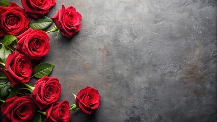 Top view of red rose blossoms on gray table. Rose flowers in bloom, red, roses, blossoms, flowers, bloom, table, gray, top view