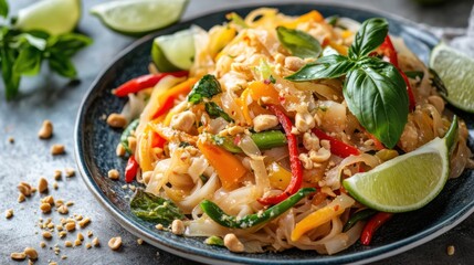 A vibrant plate of vegetable pad kee mao stir-fry with flat rice noodles, bell peppers, and Thai basil
