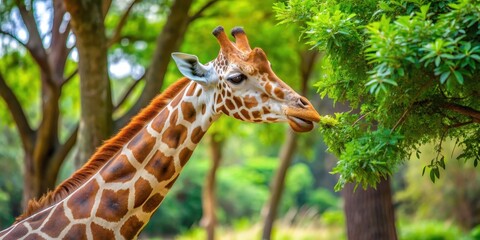 Obraz premium Giraffe in a zoo savannah habitat eating from tree , giraffe, zoo, savannah, environment, tree, eating, wildlife, animal, nature