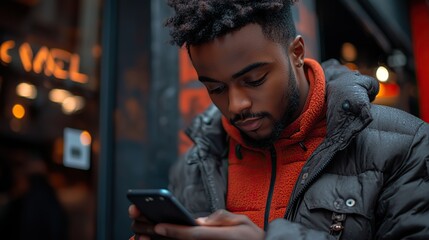 A close-up of a man using a smartphone, with an email icon popping up on the screen