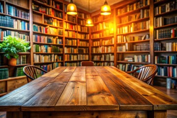 Wooden Table in Library with Blurred Bookshelf for Educational Atmosphere, Ideal for Study, Learning, and Reading Concepts in Academic Environments