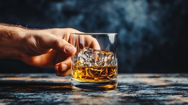 A man's hand is holding an old fashioned glass with whiskey