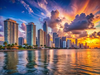 Fototapeta premium Captivating Miami Beach Skyline with Downtown Construction Overlooking Serene Waters in a Beautiful Urban Landscape