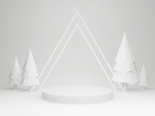 3D white low polygon Christmas background. White podium