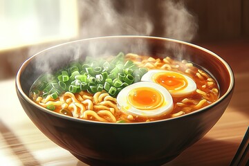 Steaming bowl of ramen with eggs and green onions.