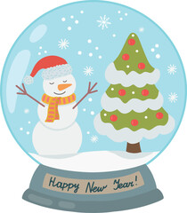 A snow globe with a Christmas tree, a snowman, snowflakes and snow. Vector design template for Christmas and New Year. A greeting card.