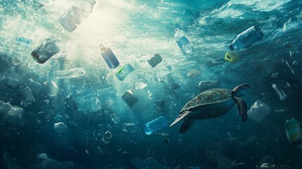 Obraz premium An ocean scene shows plastic pollution, urging awareness of its impact on marine life and beauty.