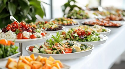 A buffet display featuring a variety of salads, fruits, and dishes for a social gathering.