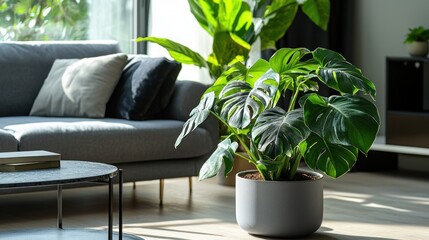 A rare monstera tricolor plant with stunning variegation in a sleek, modern living