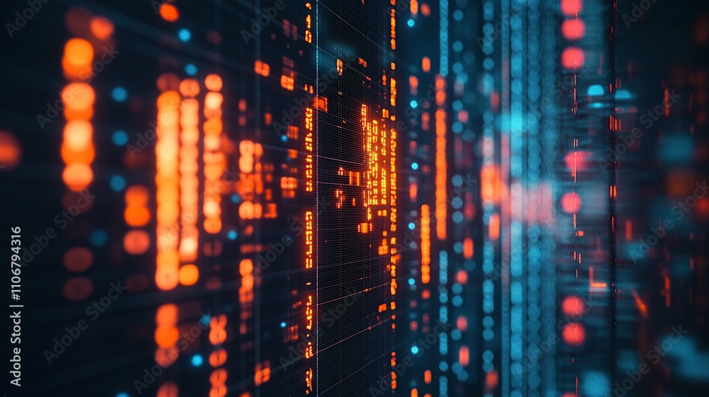 Poster abstract digital data visualization with glowing lines and dots.