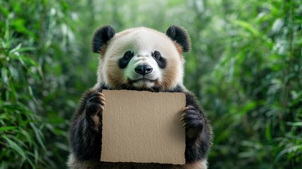 Obraz premium Gentle Panda Holding Blank Sheet of Bamboo in Lush Green Forest