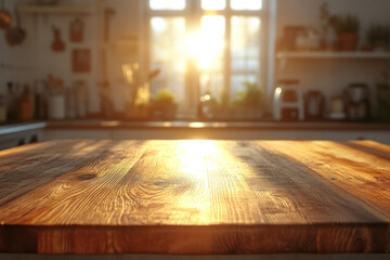 Sunlight streams through window onto wooden table, casting warm glow on scattered papers and a steaming cup of coffee, creating a cozy workspace ambiance.