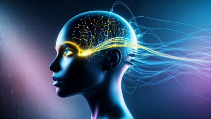 Futuristic humanoid design featuring glowing neon neural circuits and vibrant AI aesthetics. Generative AI