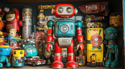 A retro-style toy robot with metallic parts, sitting on a shelf surrounded by other vintage toys