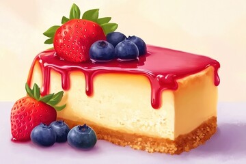 Cheesecake slice topped with berries and sauce on plate.