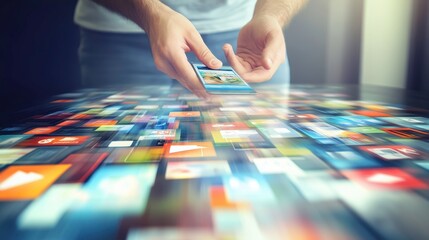 Fototapeta premium Person Using Smartphone Among Colorful App Icons