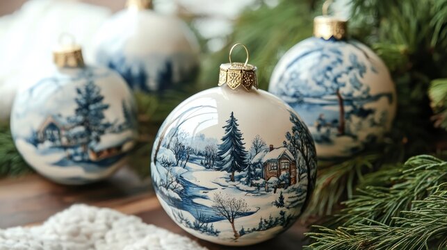 Hand-painted ceramic ornaments with winter scenes and snowflakes