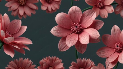 Pink flowers with dew drops on dark background.