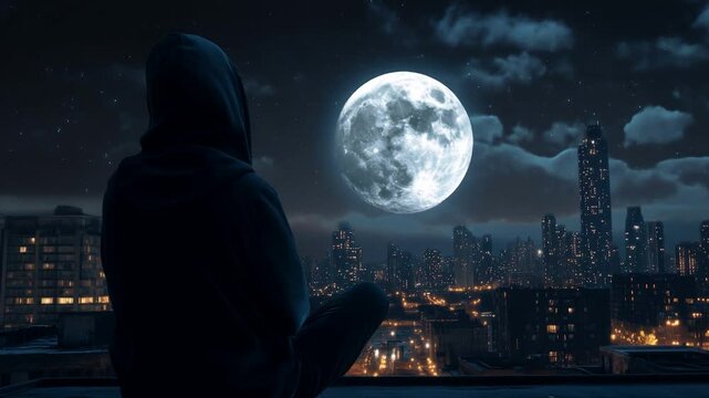 Solitary figure in a hoodie gazes at the luminous full moon over a peaceful city skyline, capturing themes of mindfulness, reflection, mental health in an urban night. Video made using Generative AI