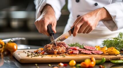 Closeup of a chef's hands carving a perfectly cooked steak on a wooden cutting board.