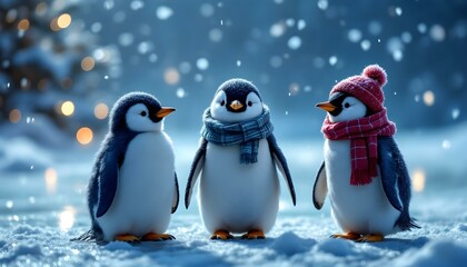 Three penguins wearing winter clothes are standing on a frozen lake at night, with snow falling and Christmas lights in the background. Three cute penguins wearing Santa hats and scarves