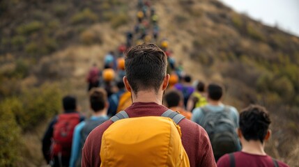 Naklejka premium A group of hikers ascends a hillside, showcasing camaraderie and adventure in a natural setting.