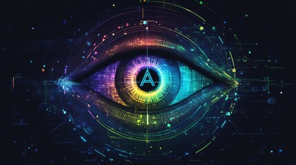 A vibrant, digital eye with a central symbol, surrounded by technological elements.